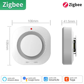 White Zigbee smoke detector with dimensions.