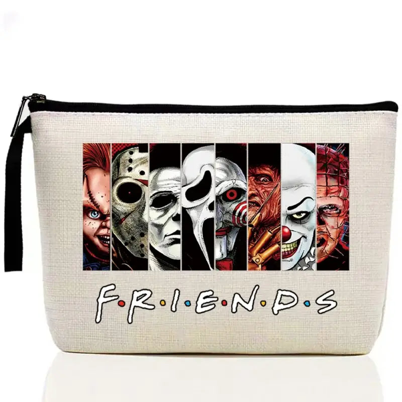 a white zipper bag with a picture of a group of friends