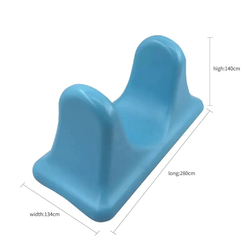 a blue plastic chair with measurements