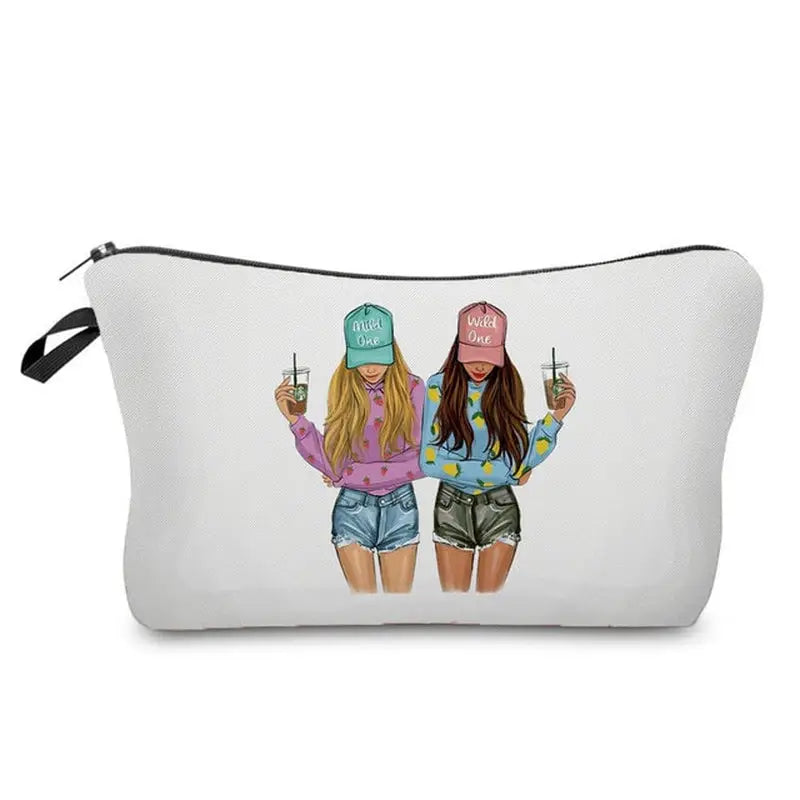 two girls with drinks cosmetic bag