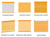 Various window blinds and curtains.