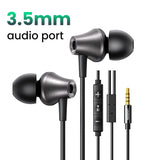 Wired in-ear headphones with microphone and volume control.