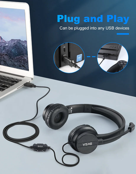 Wired USB headphones with an over-ear design and inline controls.