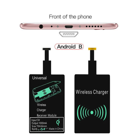 Wireless charging adapter for Android phones with USB-C port.