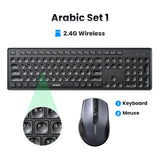 Wireless Arabic keyboard and mouse set with 2.4G connectivity.