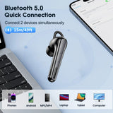 A wireless Bluetooth 5.0 earbud with a quick connection feature, capable of connecting to two devices simultaneously, with a range of 15m/49ft, compatible with phones, Android devices, MP3/MP4 players, laptops, tablets, and computers.