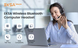 Wireless Bluetooth computer headset with microphone worn by a person using a laptop.