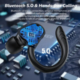 Wireless Bluetooth earbud with a blue circuit board design visible inside the earpiece.