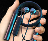 Wireless Bluetooth earphones with a neckband design.