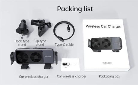 Wireless car charger with accompanying accessories and packaging.