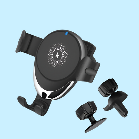 Wireless car phone holder with additional mounting attachments.
