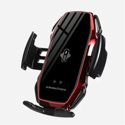 Wireless charging car phone mount with a black and red design.