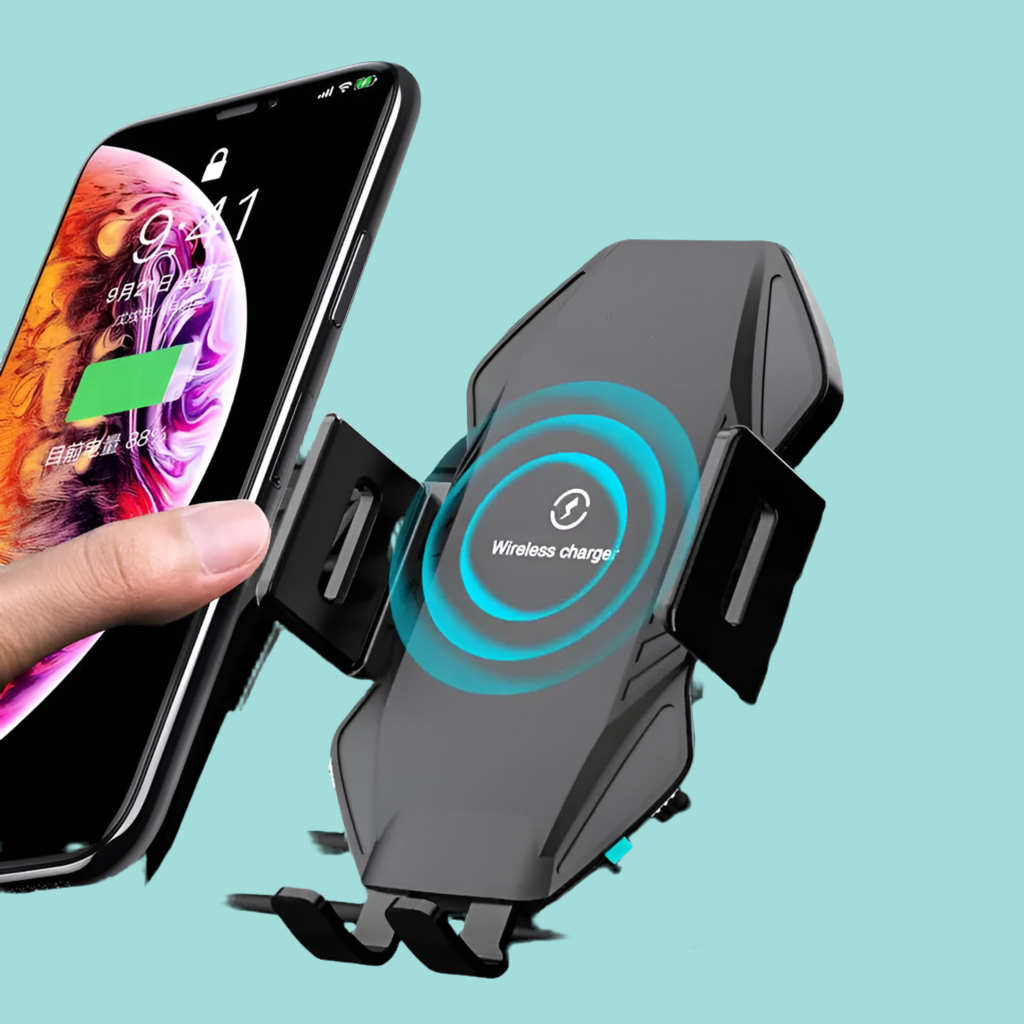 Wireless charging car phone mount with automatic clamping arms.