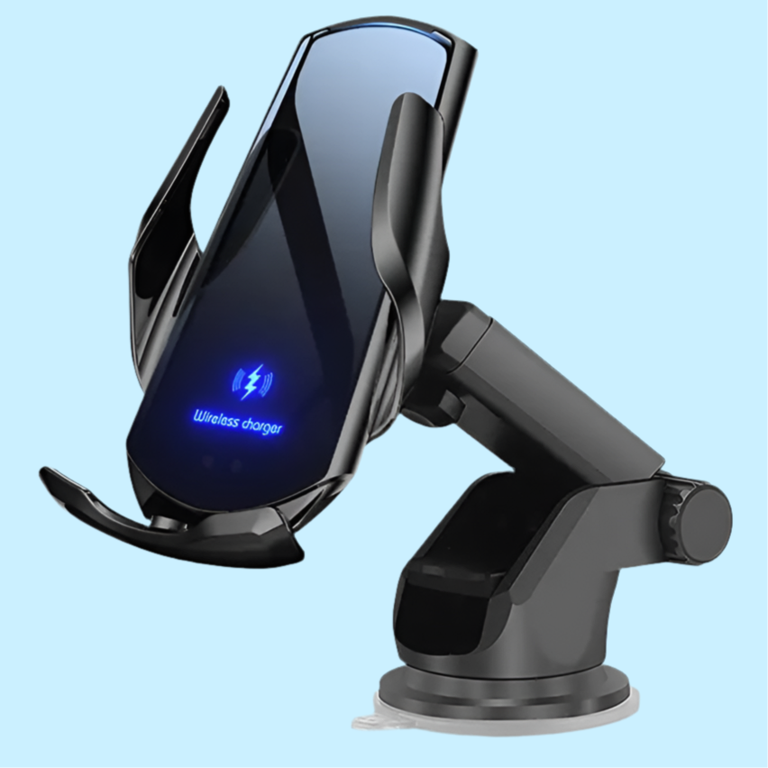 Wireless charging car phone mount with adjustable grip arms and a blue illuminated logo.