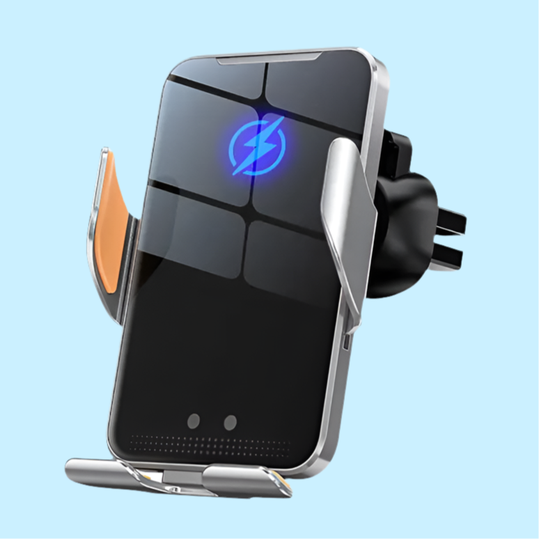 Wireless charging car phone mount with a blue lightning bolt logo.