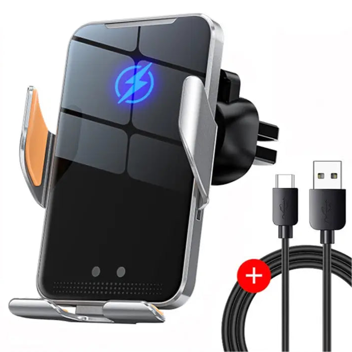 Wireless car phone mount with built-in charging capability and illuminated lightning bolt logo.