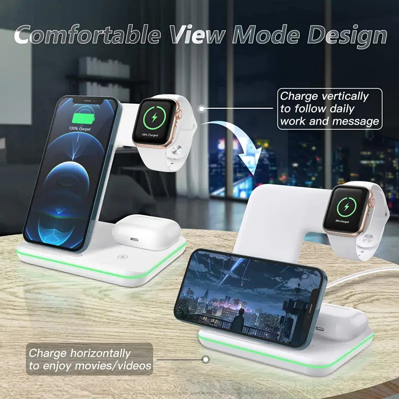 the wireless charging station is shown with two charging devices