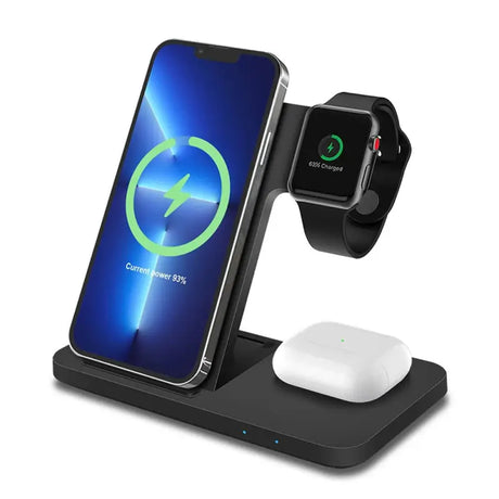 the wireless charging station with an apple watch and an apple watch