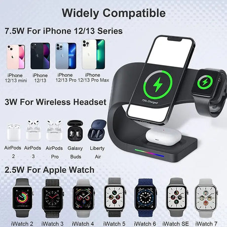 the wireless charging station with a phone and an apple watch