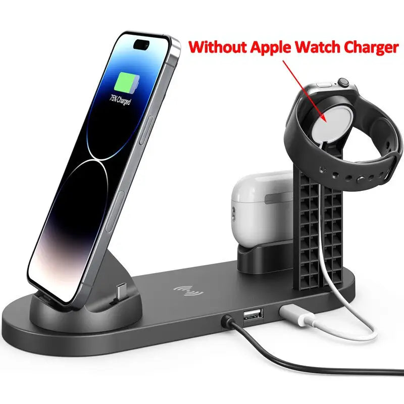 the wireless charging station with a phone and a charger