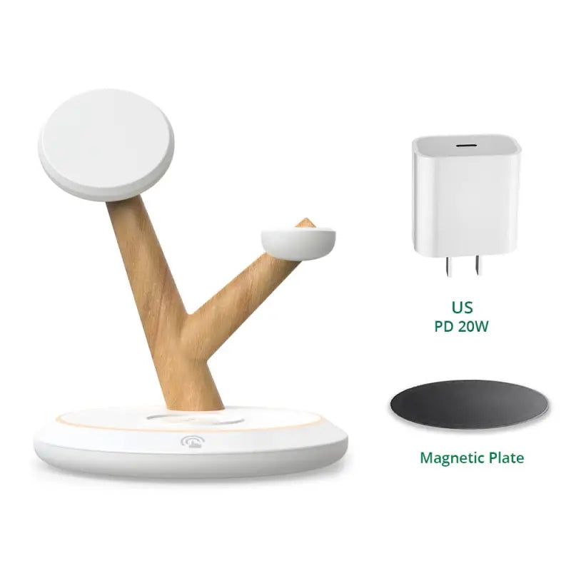 the wireless charging station with a wooden base and a white base