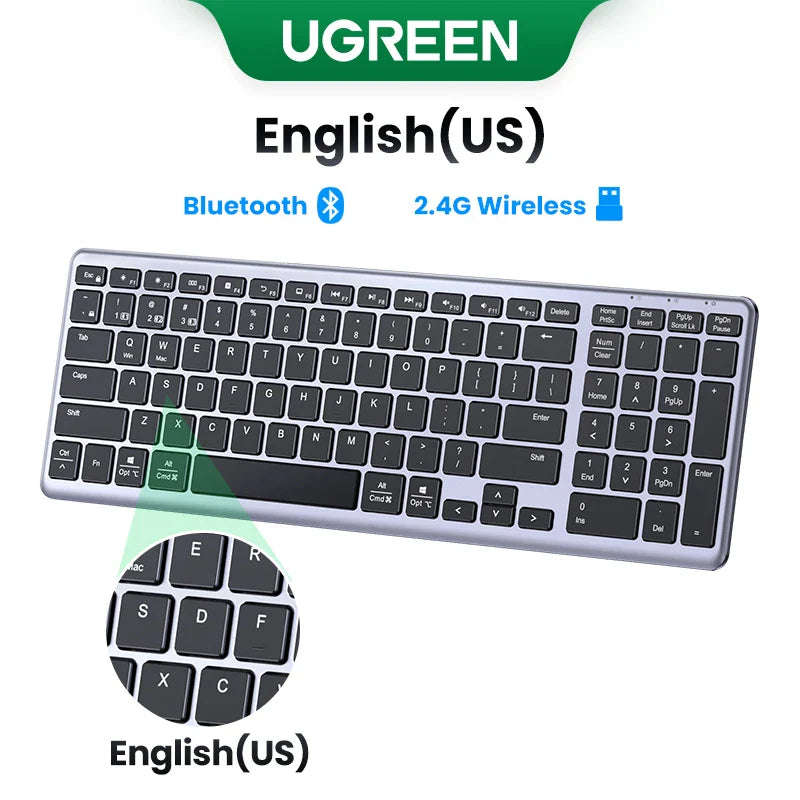 Wireless computer keyboard with US English layout and Bluetooth connectivity.