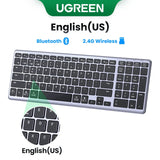 Wireless computer keyboard with US English layout and Bluetooth connectivity.