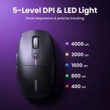 Wireless computer mouse with 5-level DPI and LED light settings.