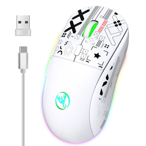 Wireless computer mouse with abstract black designs and RGB lighting on a white body.
