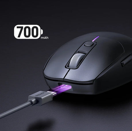 Wireless computer mouse with a charging cable connected, displaying ’700 mAh’ text.