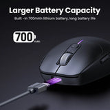 Wireless computer mouse with a charging cable connected, highlighting its 700mAh battery capacity.