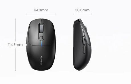 Wireless computer mouse with dimensions labeled.