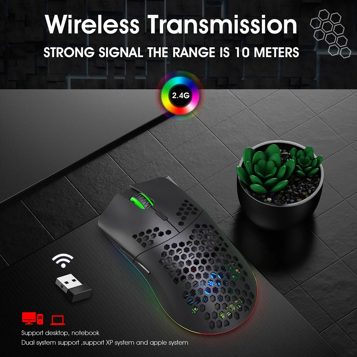 Wireless computer mouse with a honeycomb-style perforated shell and RGB lighting.