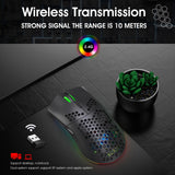Wireless computer mouse with a honeycomb-style perforated shell and RGB lighting.