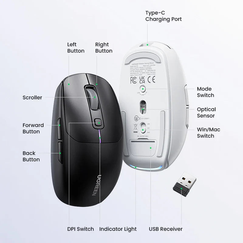 Wireless computer mouse with labeled features and its USB receiver.