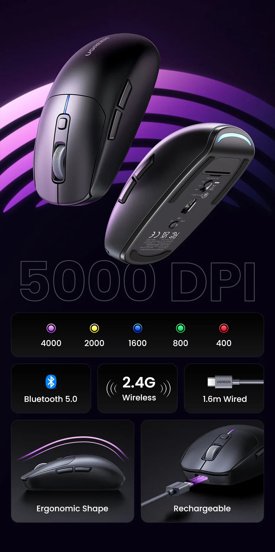 Wireless computer mouse with multiple buttons and ergonomic design.