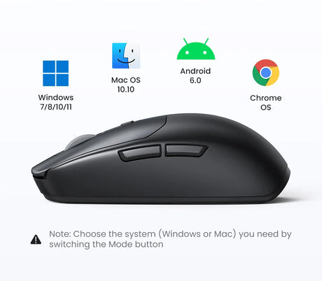 Wireless computer mouse with multiple buttons and a sleek black design.