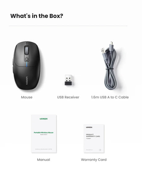 Wireless computer mouse with USB receiver and accessories.