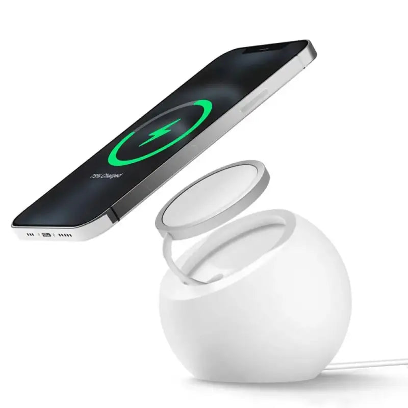 The wireless charging device is shown with a phone in the background