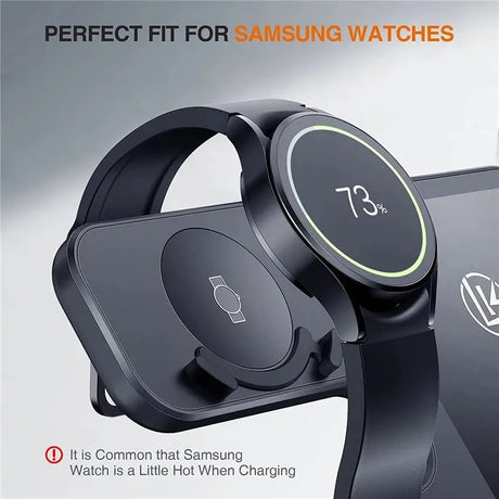 Wireless charging dock for Samsung smartwatches with a watch displaying 73% charge.