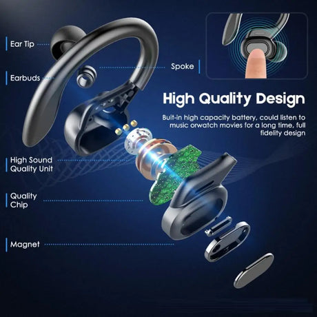 Wireless earbud with a detailed cross-section showing its internal components.