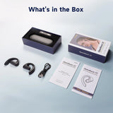 Wireless earbud or earphone device with accompanying accessories and packaging.