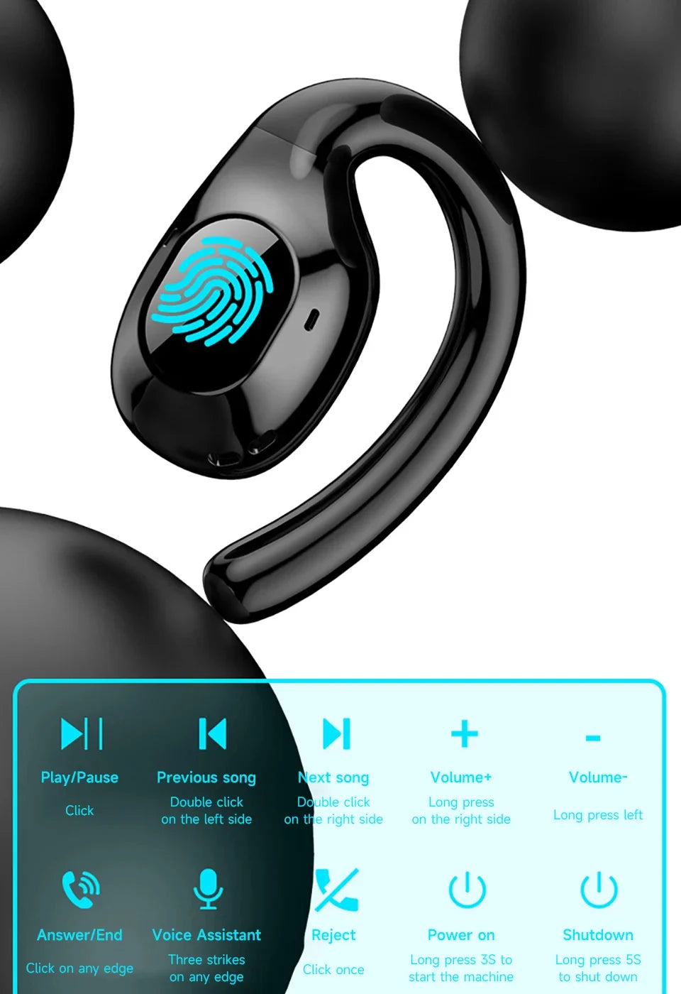 Wireless earbud or earpiece with a blue fingerprint sensor and control interface.