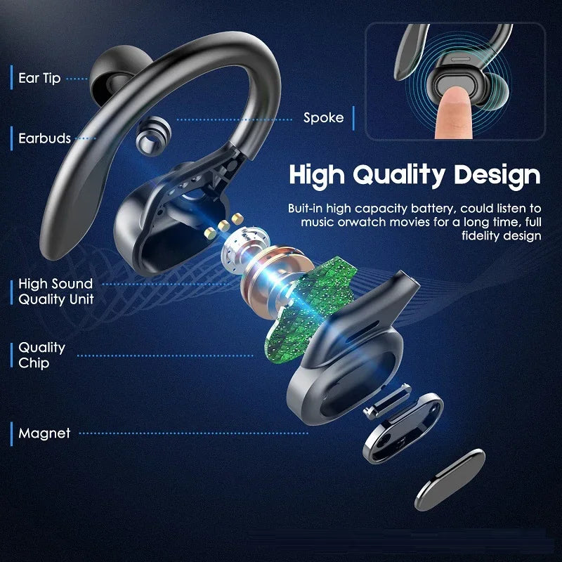 Wireless earbud with an exploded view showing its internal components and design features.