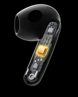 Wireless earbud with exposed internal circuitry and a glowing processor chip.