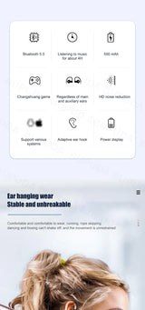 Wireless earbud with various feature icons displayed above it.