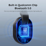 Wireless earbud or headphone component showcasing a Qualcomm Bluetooth 5.0 chip with blue illumination.