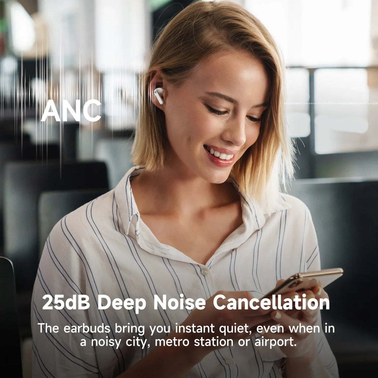 Wireless earbud with noise cancellation technology advertised through product marketing image.