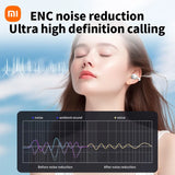 Wireless earbud with noise reduction technology advertised through a product image.