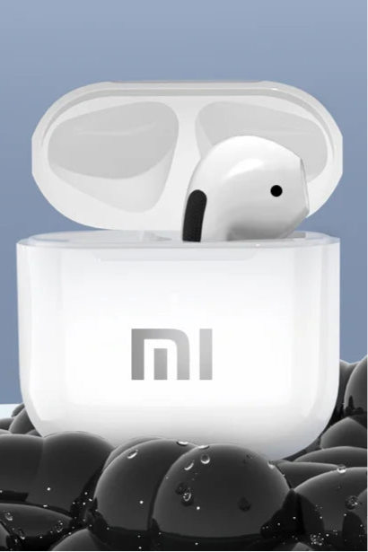 Wireless earbud in an open charging case with the Xiaomi (Mi) logo.